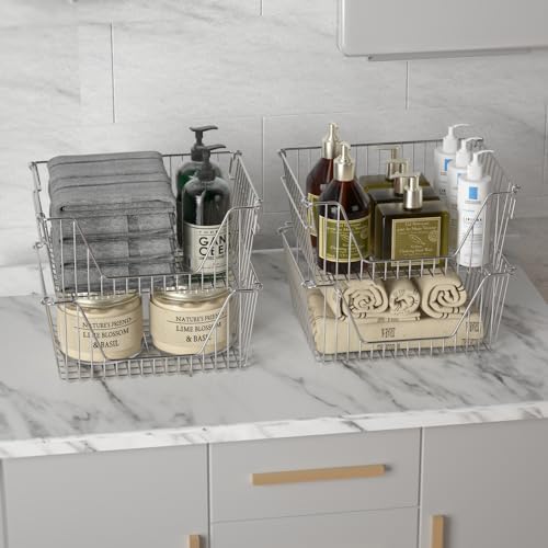 Slideep Large Stackable Storage Baskets Cabinet Organizer Sturdy Metal Wire Pantry Freezer Bin for Pantry Home Bathroom Kitchen Organization 4 Packs - Image 5