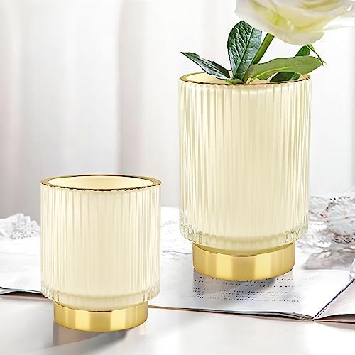 DASITON Makeup Brush holder Organizer,Crystal Cosmetic Makeup Brush Glass Brushes Storage Holder, Vintage Make Up Brush Cup Pen Pencil Holder striped vase(Cream S+L) - Image 2