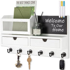 Key Holder for Wall, Key and Mail Holder for Wall with Storage Drawer, Entryway Rustic Home Decor, 3 Liquid Chalks & Chalkboard, 15.98”W x 9.1”H x 3.3”D, White by FIPUTE-MakesLifeEasier