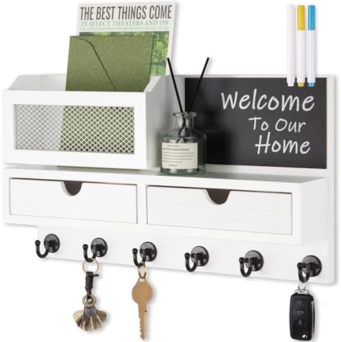 Key Holder for Wall, Key and Mail Holder for Wall with Storage Drawer, Entryway Rustic Home Decor, 3 Liquid Chalks & Chalkboard, 15.98”W x 9.1”H x 3.3”D, White by FIPUTE-MakesLifeEasier