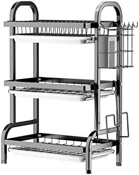 Goldmeet 3 Tier Dish Drying Rack, Large Stainless Steel Over The Sink Dish with Drain Tray, Kitchen Dishes Drying Racks, Dish Racks for Kitchen Counter Storage (Black) by GOLDMEET