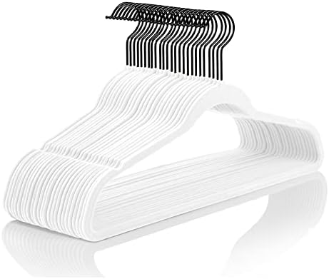 MIZGI White Velvet Hangers 50 Pack Non Slip Heavy Duty Black Hooks by MIZGI