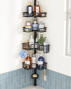 SWTYMIKI Shower Caddy Tension Pole - 4-Tier Corner Shower Organizer Tension Rod with Soap Holder, Toothbrush Holder & 4 Hooks, Adjustable Stainless Steel Bathroom Organizer 27.6 to 108.3 inch, Black by SwtyMiki-TidyHomeSweetLife