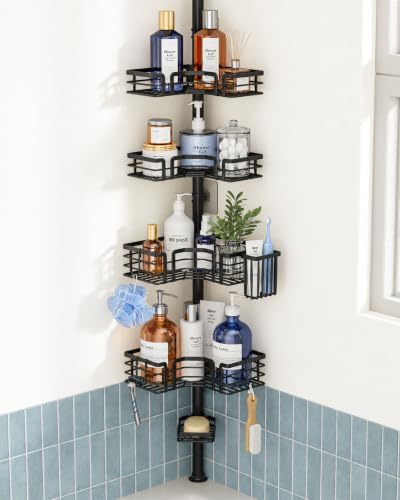 SWTYMIKI Shower Caddy Tension Pole - 4-Tier Corner Shower Organizer Tension Rod with Soap Holder, Toothbrush Holder & 4 Hooks, Adjustable Stainless Steel Bathroom Organizer 27.6 to 108.3 inch, Black by SwtyMiki-TidyHomeSweetLife