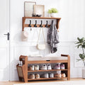 PETKABOO 31.5" Bamboo Shoe Rack Bench with Coat Rack, 3-Tier Entryway Bench with Thick Cushion, Flip-Top & Side Baskets, Holds Up to 550 LBS for Hallway, Living Room, Bedroom by PETKABOO