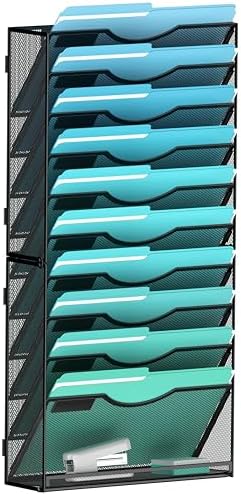 Gawerk 11-Tier Wall File Organizer Hanging Wall File Holder Wall Mount Paper Folder Organize, Mesh Magazine Document Mail Organizer Wall Organizer for Office School Home, Black by Gawerk