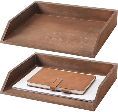 Beeveer 2 Pcs Dark Wood Letter Tray Wooden Desk Paper Organizer 2 Tier Stackable Load Documents Desktop Tray Drawer File Folder Magazine Office Accessories for Home Office Back to School by Beeveer