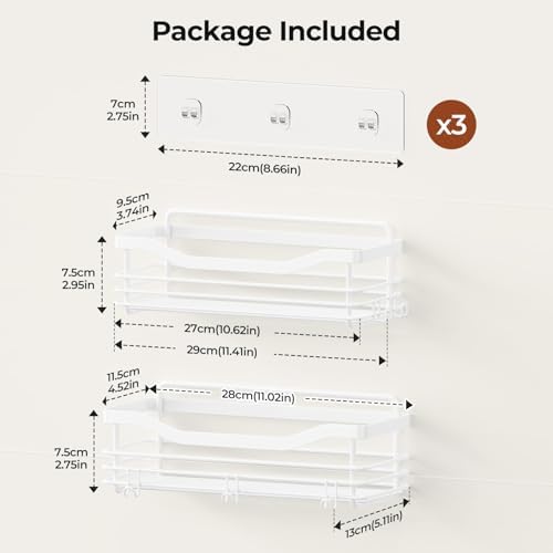 Orimade Shower Caddy Basket Shelf Storage Rack, No Drilling Wall Mounted Adhesive Rust Resistant Stainless Steel Shower Organizer with 5 Hooks for Bathroom, White 2 Pack - Image 2