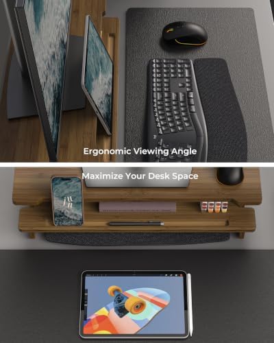 23” Monitor Stand with Phone Tablet Holder Bamboo Desk Shelf - Image 4
