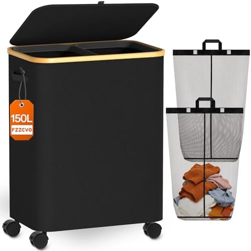Double Laundry Basket with Wheels and Lid, 150L Clothes Hampers for Laundry by Fzzcvo