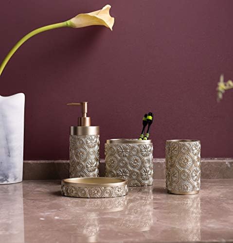 Hymmah Bathroom Accessories Set,Golden Design Toothbrush Holder,Farmhouse Bathroom Decor,4 Pcs Resin Gift Set Apartment Necessities, Contain Toothbrush Cup,Soap Dispenser,Soap Dish,Tumbler - Image 4