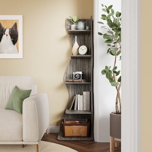 LITTLE TREE 70-Inch Corner Shelf, Seaweed Shaped Etagere Display Bookshelf, Freestanding 5-Tier Wall Shelves for Small Spaces, Living Room, Bedroom, Grey, 1 Pack - Image 2