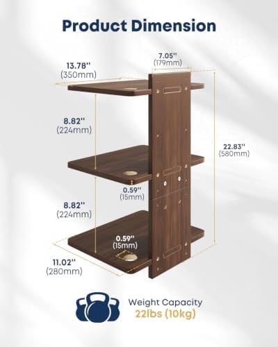Floating TV Projector Shelf Wall Mount - 3 Tier Wooden Shelf, Walnut Brown - Image 2