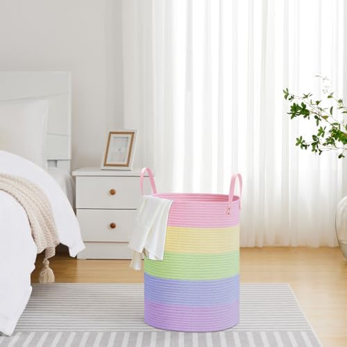 VIPOSCO 58L Tall Woven Rope Laundry Hamper, Leather Handles, Rainbow - Image 4