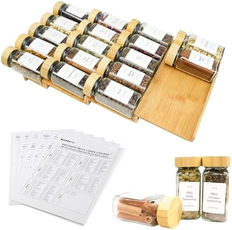 Spice Drawer Organizer with 20 Bamboo-lidded Spice Jars,216 Labels,25 Non-slip Rubber, Bamboo 4 Tier Seasoning Rack Tray Insert for Kitchen Drawers,Cabinets,Countertop,9" Wide x 15.8" Deep by KitHero