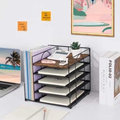 LEKETREE Desk Organizers and Accessories, 5-Tier Paper Letter Tray Organizer with File Holder, Desktop Organizer for Office Supplies (Wood) - Image 5