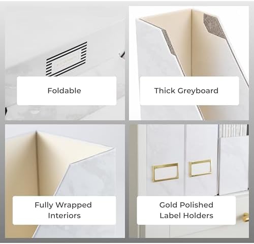 BLU MONACO Set of 4 Magazine Holders | White Marble Design with Gold Label Holders | Foldable File Organizer Boxes for Desk, Office & Classroom | Stylish Paper & Magazine Storage - Image 6