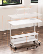 Height Adjustable Standing Desk with Power Outlets and LED Lights - 39" Manual Stand Up Desk with Monitor Stand and Storage Shelves Small Mobile Rolling Computer Desk Portable Laptop Table, White - Image 3