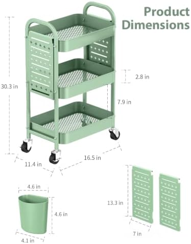 ALVOROG 3 Tier Metal Rolling Utility Cart with Pegboards,Baskets,Hook,Green - Image 5