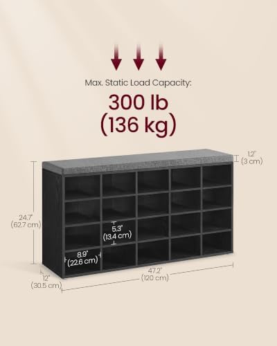 VASAGLE Shoe Bench with Cushion, 20 Compartments, 12 x 47.2 x 24.7 Inches - Image 3