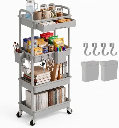 4 Tier Rolling Utility Cart with Drawer, Plastic Storage Organizer Rolling Carts with Wheels Handles Hanging Cups Hooks for Office, Bathroom, Kitchen,Craft Art Room (Grey) by LLMRR
