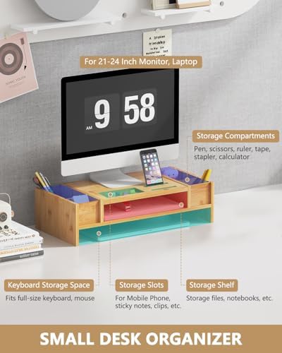 Ufine Bamboo Monitor Stand with Storage Compartments Small Desk Organizer - Image 3
