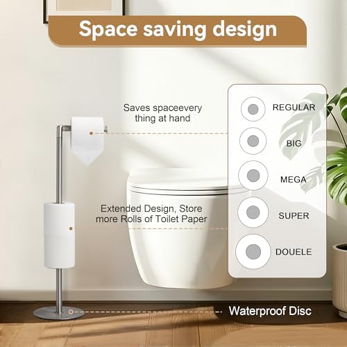 BGL Freestanding Toilet Paper Holder, Tissue Holder On Floor with Reserve Storage Paper Rolls, Roll Paper Holder Standing On Floor (Brushed Nickel) - Image 3