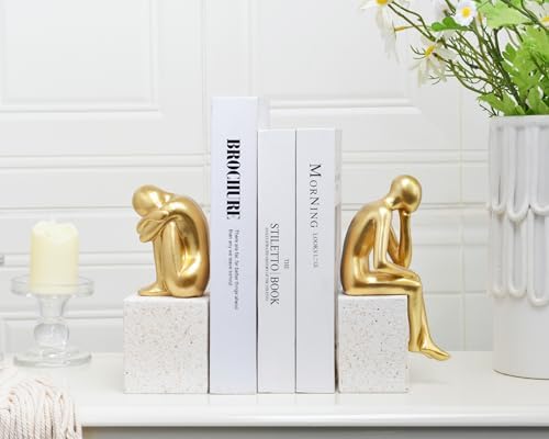 Decorative Bookends for Shelves,Resin Gold Book Ends,Unique Thinker Statue - Image 2
