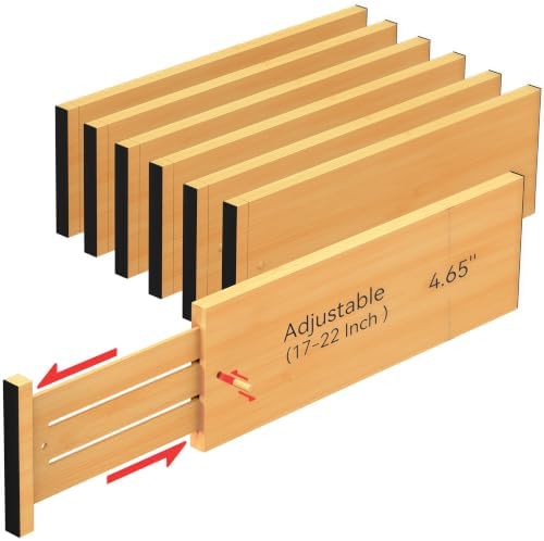 FJO 6 Pack Bamboo Drawer Dividers 4.65" High Adjustable from 17'' to 22'' by FJO