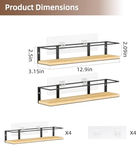 Spice Rack, Self-Adhesive or drilling, Rustic Style Hanging Spice Rack, Spice Organization for Cabinet Door or Wall Mount, Over The Stove, Kitchen Wall, 4-Pack, Wood Color - Image 2