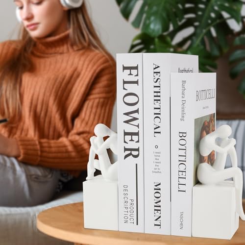 White Book Ends Decorative, Girl Thinker Design, Modern Bookends for Shelves, Non-Skid Heavy Duty Resin Book Stopper for Books, Bookends with Base, Resin, 1Pair/2Piece - Image 5