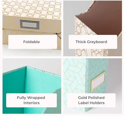 BLU MONACO | Set of 4 Foldable Pink & Aqua Magazine File Holders with Gold Geometric Patterns | Vertical File Organizer Boxes with Gold Label Holders for Home & Office - Image 5