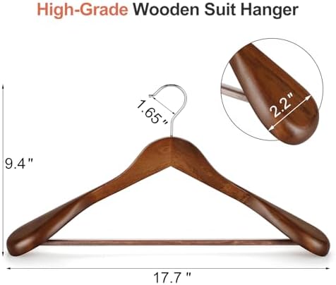 TOPIA HANGER Wide Shoulder Wooden Hangers, Suit Hangers with Non Slip Pants Bar & 360° Swivel Hook, Solid Wood Heavy Duty Coat Hanger, 10 Pack (Walnut)-CT02WA-10 - Image 2