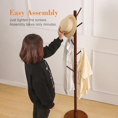 VECELO Coat Rack Freestanding, Entryway Hanger Stand, Umbrella Holder, Hall Tree With Hooks, Floor Standing Tree Stand,Walnut - Image 6