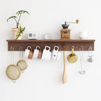 Wall Mount Walnut Coat Rack, 5 Brass Hooks, Floating Shelf - Image 4