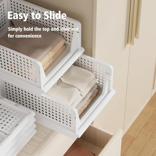 Proarea 5 Pack Stackable Storage Bins, Closet Organizers and Storage, Foldable Closet Organizer Baskets for Clothes, Plastic Drawer Bins for Closet Organization, Wardrobe Shelf, Laundry Room, White - Image 3