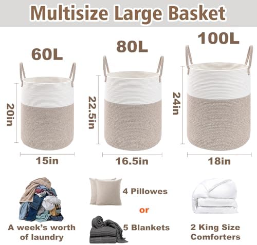 JMvicyroam 100L Cotton Rope Laundry Basket Hamper, Brown - Image 3
