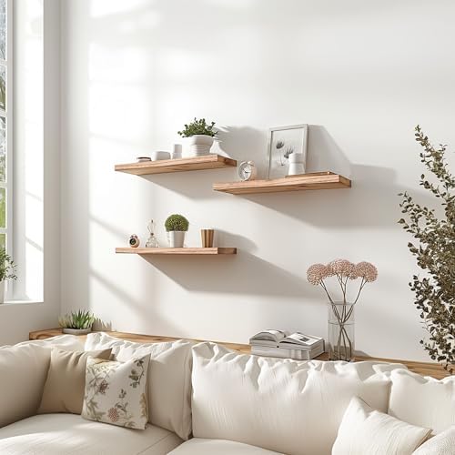 YYWUOJJ Wood Floating Shelves for Wall Decor, Rustic Wall Shelves for Bedroom Bathroom Kitchen Living Room, Set of 4 Light Walnut - Image 6