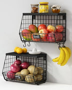 Goozii Black Kitchen Wall Hanging Storage Basket Set of 2, Rustic Stackable Kitchen Counter Fruit Organizer, Wire Baskets Container for Veggie, Garlic, Produce, Onion and Potato (Black Shelf) by Goozii