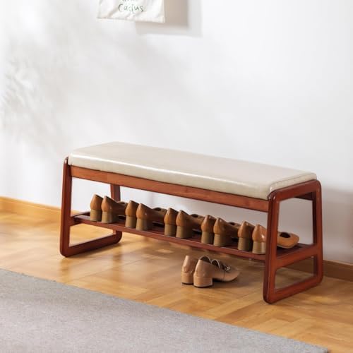 SOBIBO Solid Wood Shoe Bench, 2-Tier Wooden Entryway Bench, Modern Shoe Rack with Faux Leather Cushion for Hallway, Living Room (Gray, 39.4'') by SOBIBO