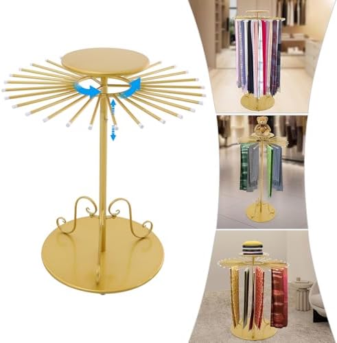 Golden Freestanding Scarf Display Rack with 30 Rods, 360° Rotating Height Adjustable Scarf Organizer, Metal Scarf Holder for Scarves, Ties, Shawls, Belts, Ideal for Boutique & Home Use - Image 6