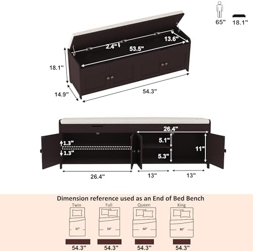HOMEFORT 54.4" Shoe Bench with Lift Top Storage, Entryway Bench with Cushioned Seat, Wooden End of Bed Bench, Shoe Cabinet Bench with Hidden Storage Space, for Bedroom, Hallway,Espresso - Image 3