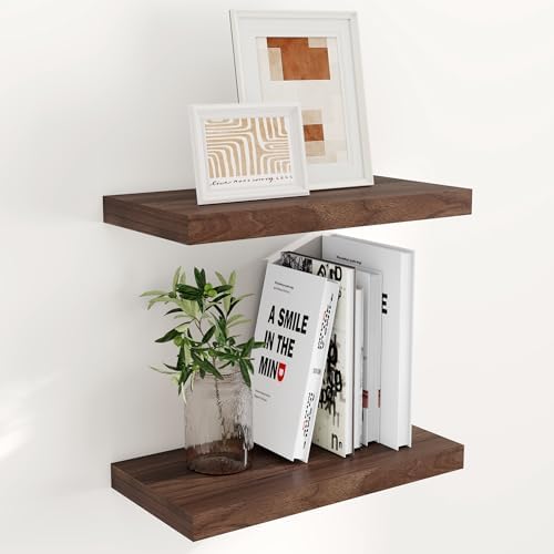 Fun Memories 16 Inch Long Floating Shelves, 9.3 Inch Deep Floating Shelf for Wall, Living Room, Kitchen, Rustic Deep Wood Shelves for Bathroom, 2 Pack Storage Display Shelf for Books, Decor, Walnut by FunMemories