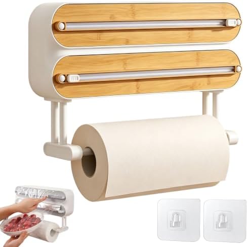 3-in-1 Magnetic Foil and Plastic Wrap Dispenser Organizer with Cutter，Wood by Unknown