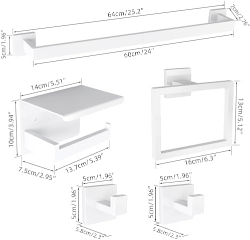 5-Pieces Bathroom Hardware Accessories Set, 24 Inch Stainless Steel Towel Racks for Bathroom, Towel Bar Set Towel Ring Coat Hook and Toilet Paper Holder with Shelf Wall Mounted, White - Image 6