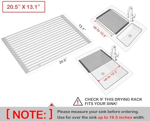 Surpahs 20.5 x 13.1 Inch Roll-Up Dish Drying Rack, Fits Across Sink Openings up to 19.5 Inches, Heavy-Duty Premium Silicone, Strong Support, Non-Slip, Heat-Resistant, Warm Gray - Image 2