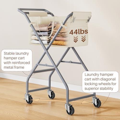 No-Bend Laundry Cart Rolling Hamper with Locking Wheels & Handle, Foldable Basket Screw-Free Assembly, Durable Metal Frame & Removable Liner Bag for Bedroom & Bathroom (Beige) - Image 4