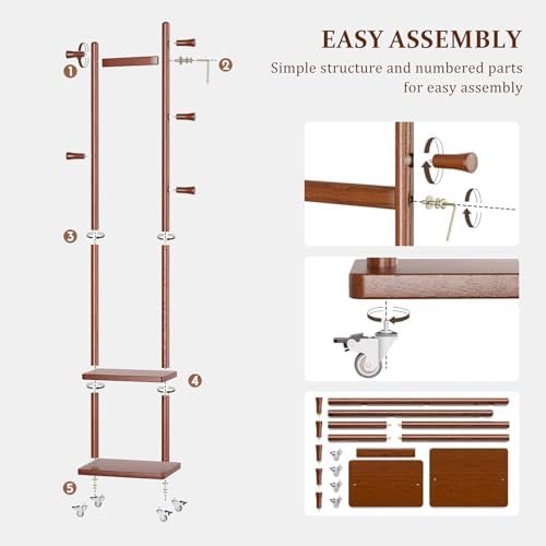 Taitiy Small Clothes Rack Solid Wood Coat Rack Freestanding with Wheels - Image 5