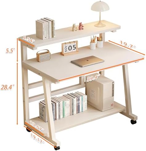 Rolling Computer Desk, 39.4 Inch Small Desks For Small Space, Portable Small Computer Desk with Monitor Stand & 3-Tier Storage, Portable Desk on Wheels for Writing, Home Office, Small Desk for Bedroom - Image 6