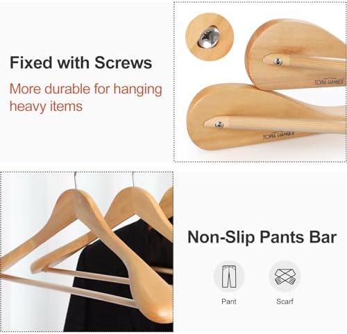 TOPIA HANGER Wide Shoulder Wooden Hangers, Suit Hangers with Non Slip Pants Bar & 360° Swivel Hook, Solid Wood Heavy Duty Coat Hanger, 6 Pack (Natural)-CT02NA - Image 4